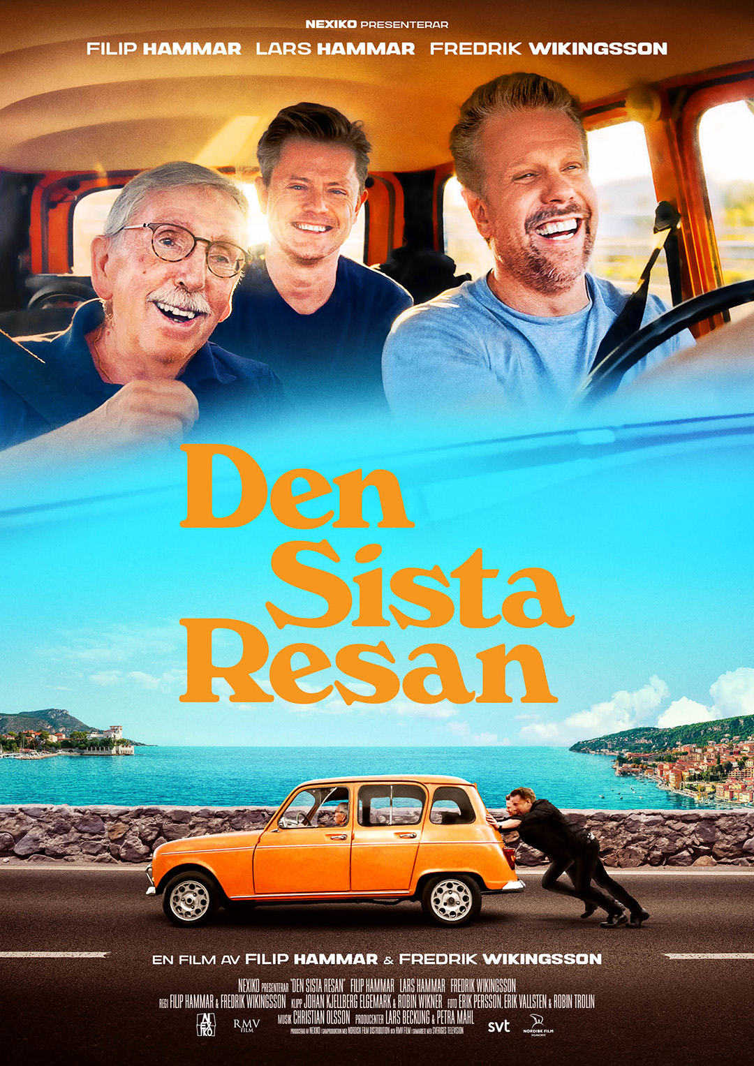 Fredrik, Filip och Lars Hammar sitter i en orange Renault och ler. Nedanför: Filip och Fredrik knuffar den oranga Renaulten, i bakgrunden blått hav och blå himmel.