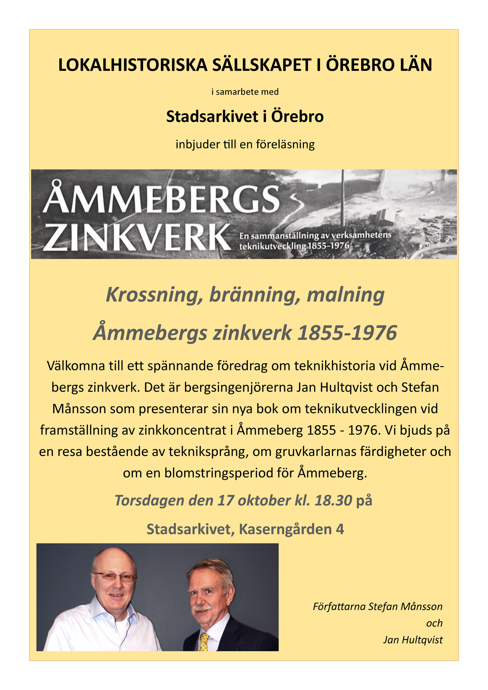 Affisch föreläsning på stadsarkivet om Åmmebergs zinkverk