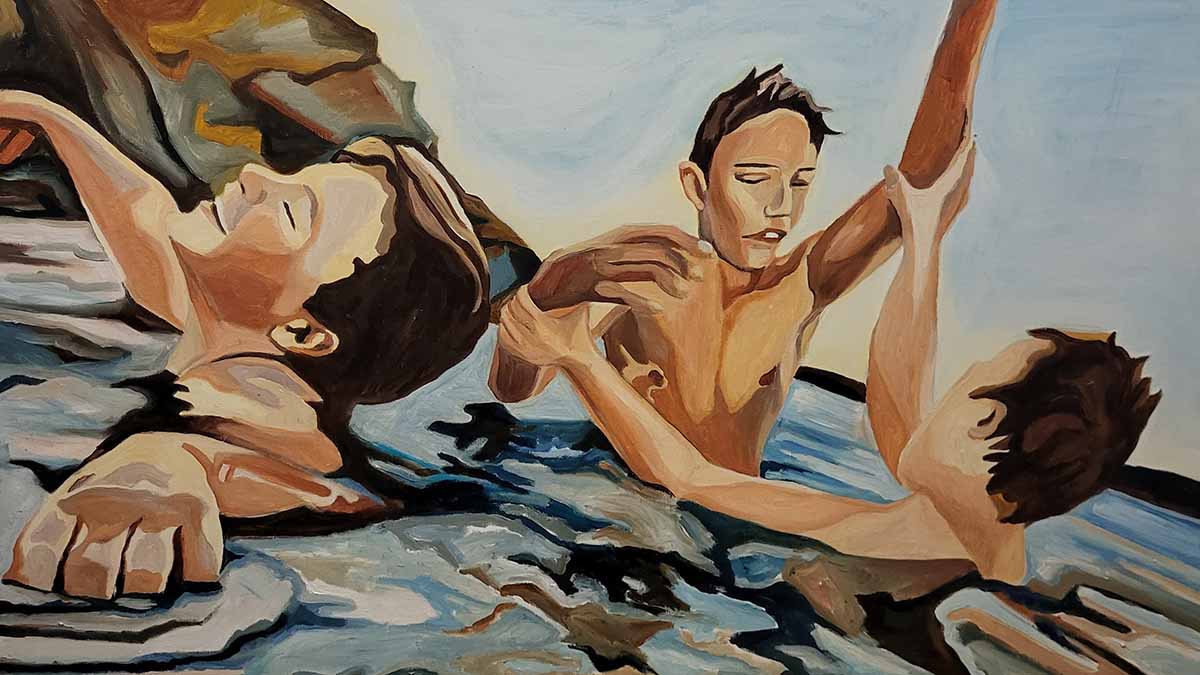 Målning på tre yngre personer som badar 
