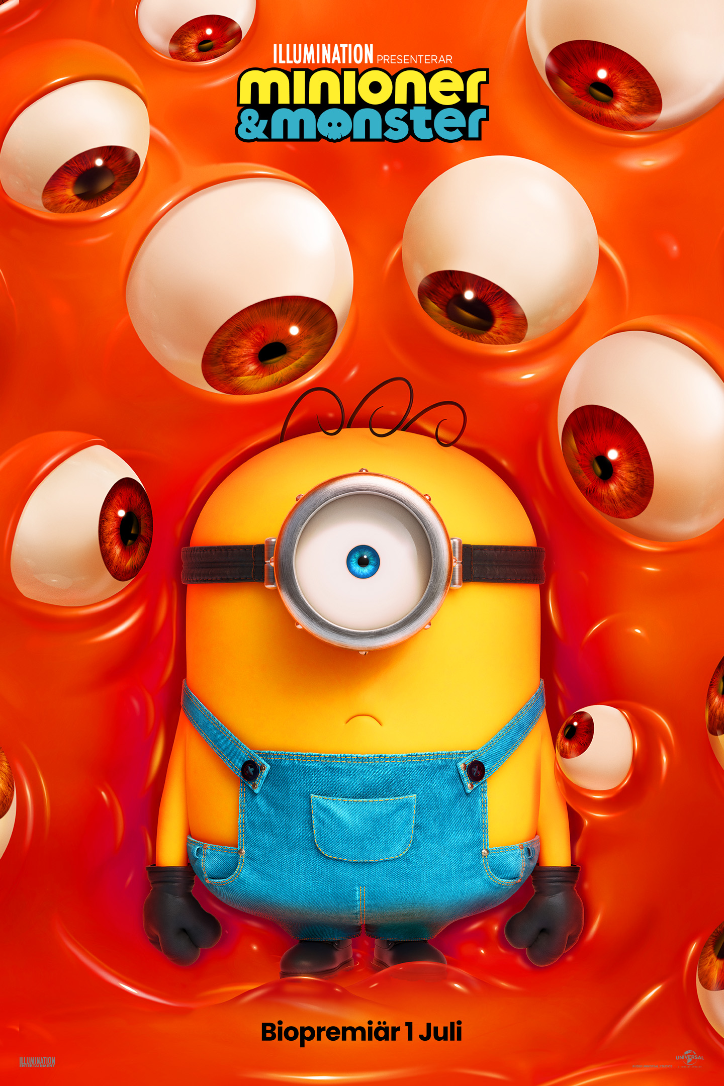 En gul minion med ett stort öga i en slajmig, röd vätska där ögonglober simmar runt