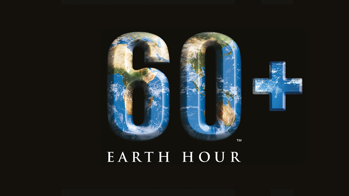 Svart bakgrund med siffrorna 60+ i mönstret av jordglob och texten "Earth Hour" under.