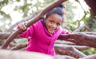 Flicka klättrar i Träd i höst miljö.