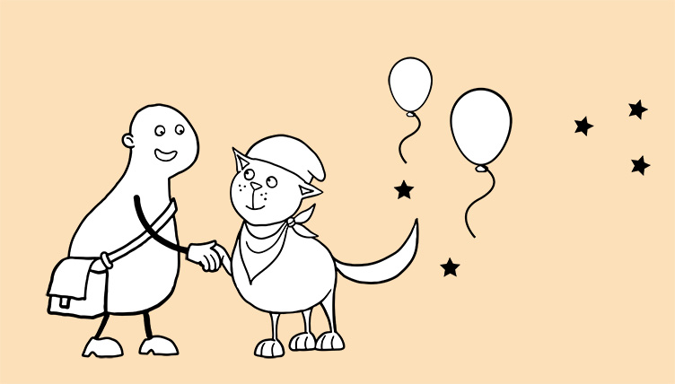 Illustration på Ide och en idégivare med ballonger och stjärnor i bakgrunden.