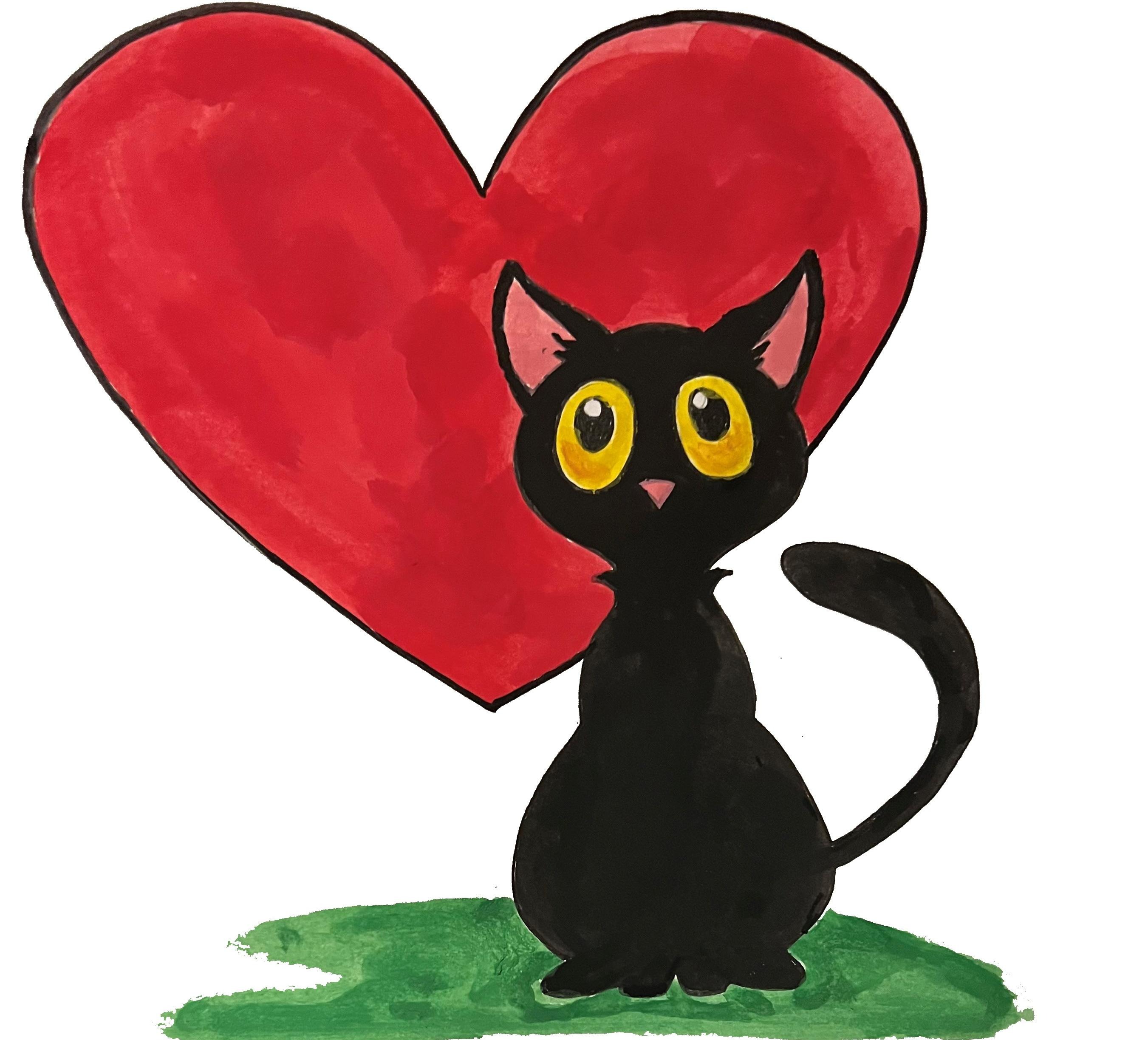 En tecknad bild på en svart katt med stora ögon framför ett stort rött hjärta