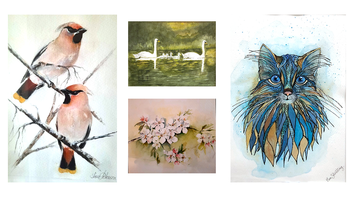 Fyra målade bilder föreställande fåglar, en blomma och en katt