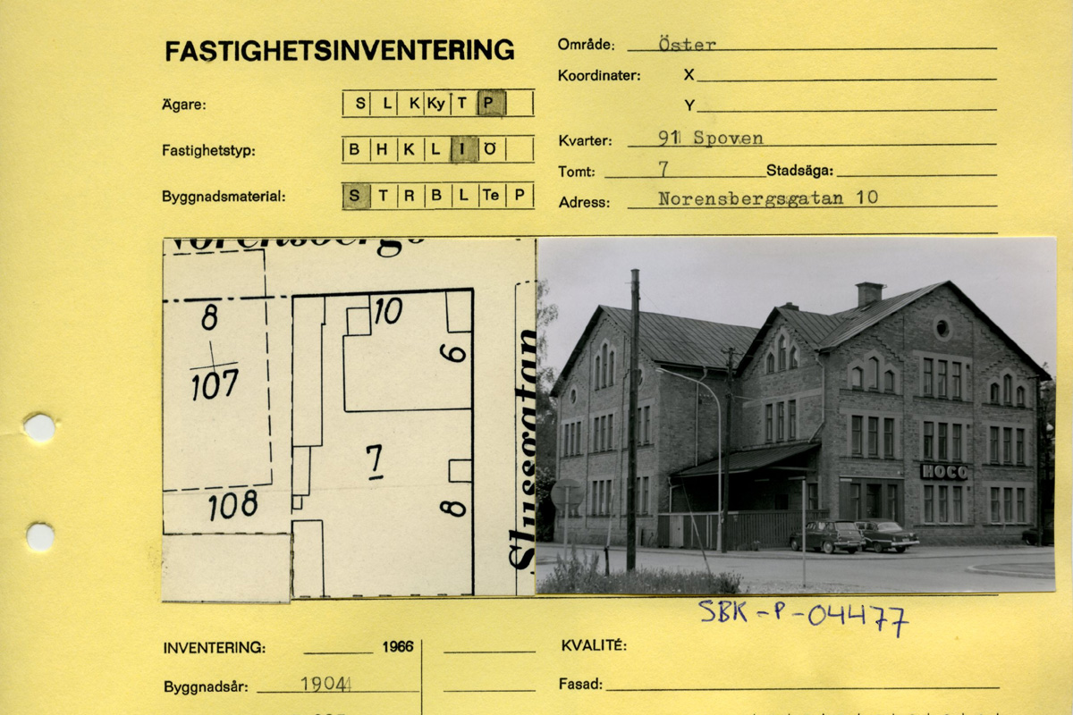 Blankett med fastighetsinventering för Norensbergsgatan 10 år 1967