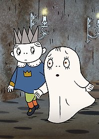 Spöket Laban och Lillprins Bus går ned för en mörk trappa i slottet.