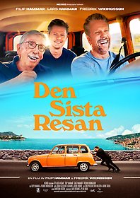 Fredrik, Filip och Lars Hammar sitter i en orange Renault och ler. Nedanför: Filip och Fredrik knuffar den oranga Renaulten, i bakgrunden blått hav och blå himmel.